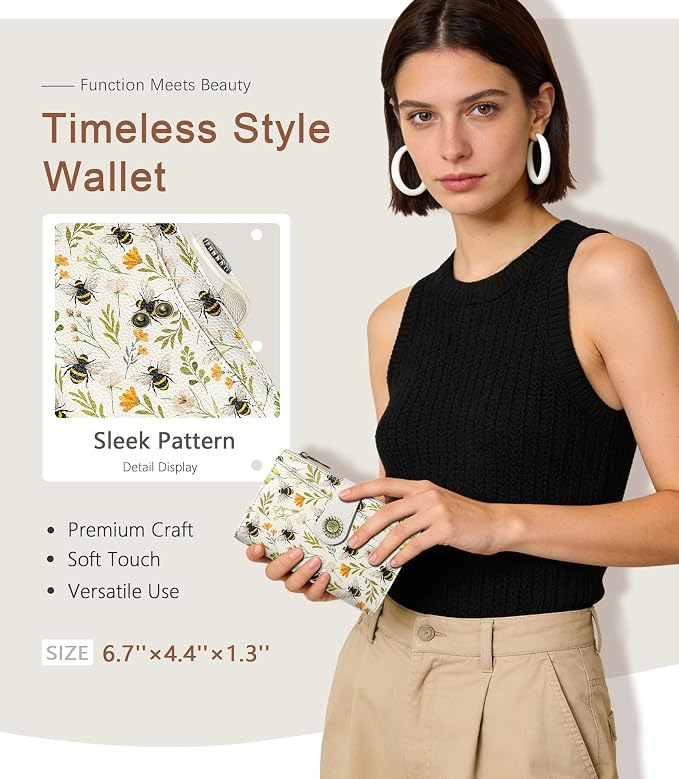 Bees Wallet Women RFID Bifold, Passport Holder, Credit Card Holder | 6.7" x 4.4" x 1.3" Travel billfold, Zipper Coin Pocket, PU Leather Clutch, Purse, ID Window, Pen Holder, Gift for Ladies Girl - Image 2