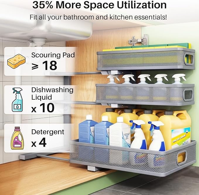Kitstorack Under Sink Organizer, 2-Pack 3-Tier Height Adjustable Thickened Metal Pull out Cabinet Organizer Shelf, Slide out Storage Drawer Rack for Bathroom Kitchen Pantry Home Organization, Grey - Image 4