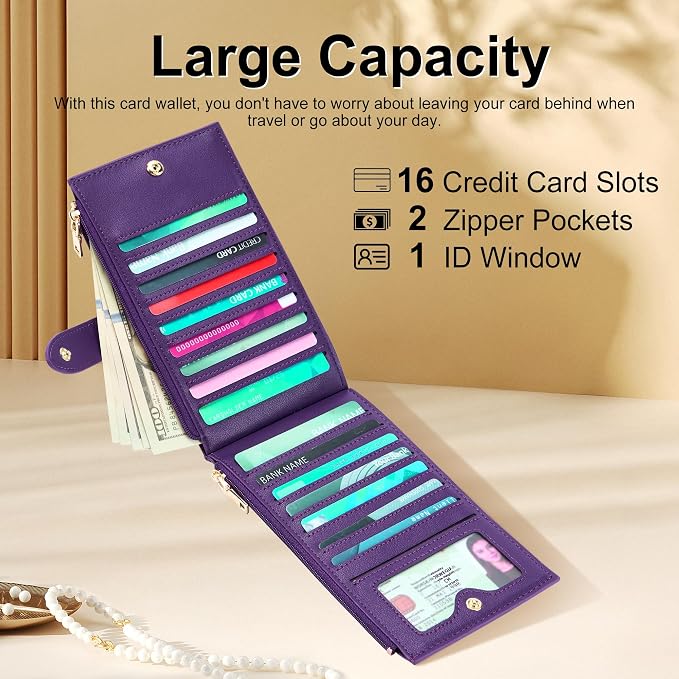 Travelambo Womens Leather Bifold Wallet, Slim RFID Blocking Card Holder | Large Capacity, 16 Card Slots & ID Window, 2 Zipper Pockets, Dual Snap Closure, Slim Lightweight, RFID Privacy Protection - Image 3