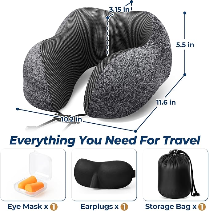 ExploreBliss Travel Pillow, Memory Foam Neck Pillow Airplane, Grey | Travel Pillows for Airplanes, Neck Pillow Airplane, Memory Foam Neck Pillow Set with Eye Mask, Earplugs - Image 2