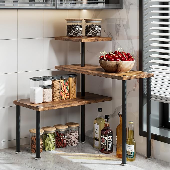 3 Tier Adjustable Countertop Organizer Corner Shelf | Countertop Organizer and Storage Rack for Kitchen, Bathroom, Over Sink, Coffee Bar, Spice Rack, Dresser Table by Dazioter