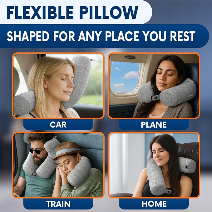 Memory Foam Neck Pillow Travel for Airplane, Twist & Bendable | Includes Eye Mask, Earplugs & Washable Cotton Cover, Adjustable Long-Flight Airplane Pillow for Neck, Chin & Lumbar Support - Image 7