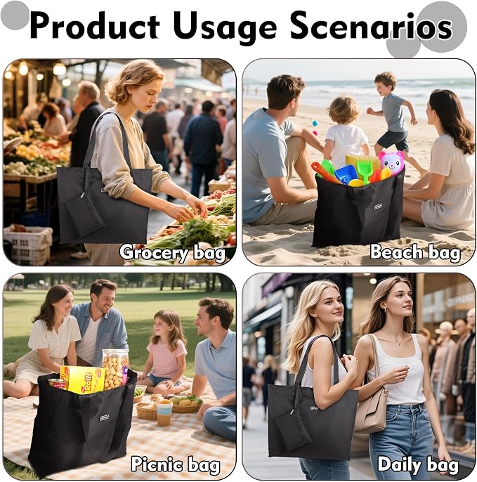 AOTIAN Reusable Grocery Bag, Foldable Shopping Tote Bag with Zipper Closure | Holds up to 50 lbs, Doubles as a phone pouch, Durable & tear-resistant. For travel, gym, beach & daily use, Machine washable - Image 6