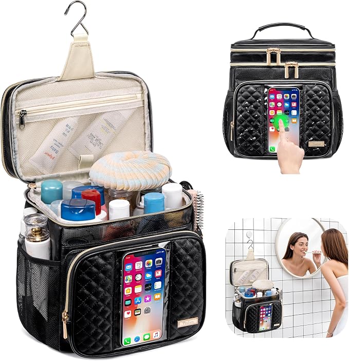 Large Leather Toiletry Bag for Women Men,Bathroom Bag,Water Resistant Shower Bag,Makeup Bag,Portable Shower Caddy for College Dorm,Hanging Travel Toiletry Bag with Transparent Waterproof Phone Pocket - Image 2