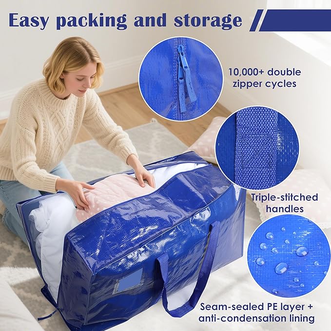 6 Pack Moving Bags with Full-Open Side Zipper, Extra Large 93L Heavy Duty Waterproof Foldable Storage Totes for College Dorm, Moving & Home Organization,Blue - Image 3