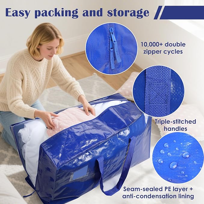 12 Pack Moving Bags with Full-Open Side Zipper, Extra Large 93L Heavy Duty Waterproof Foldable Storage Totes for College Dorm, Moving & Home Organization Blue - Image 3