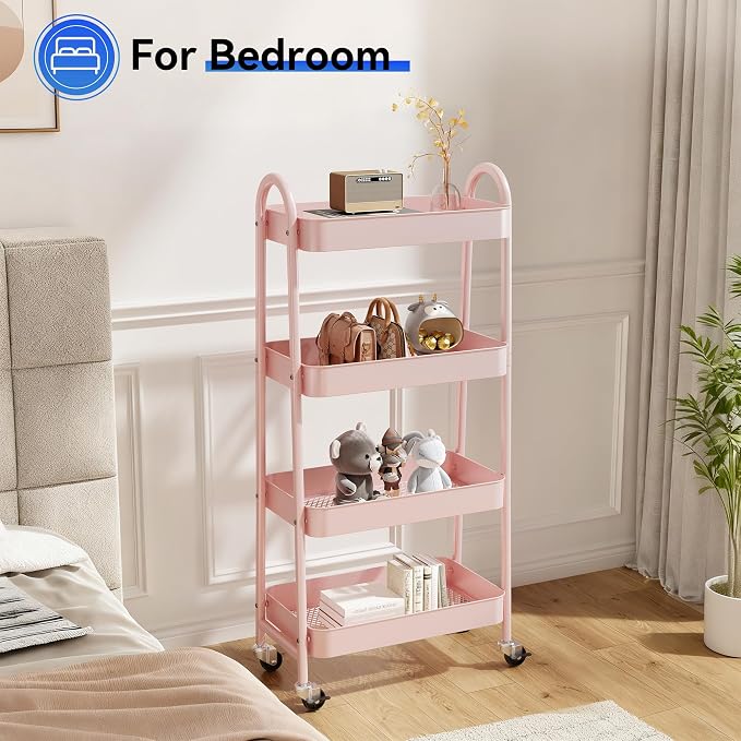 NEWBULIG 4-Shelf Metal Rolling Storage Utility Cart with Lockable Wheels | Mobile Organizer Shelf, Space-Saving, Freestanding, Bathroom, Living Room, Slim, Narrow Corner Spaces, Pink - Image 7