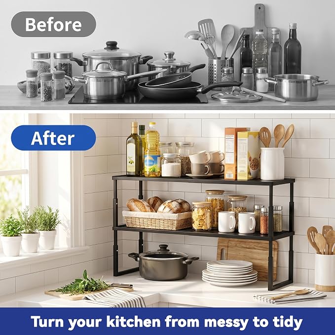 2 Packs Expandable Cabinet Shelf Organizer, Stackable Countertop Shelves | 15.8''- 25.5'' In Cabinet Shelf, Adjustable Kitchen Cabinet Organizer for Pantry Organizer, CupBoard Organizers and Storage - Image 2