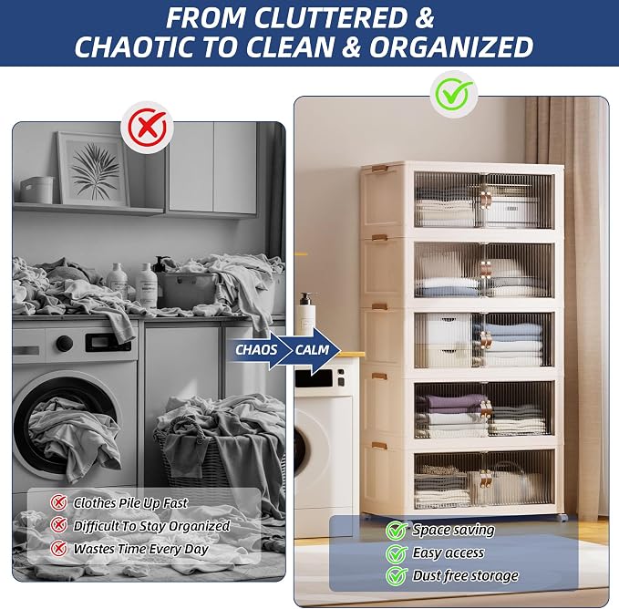 SAILUN 635Qt Stackable Storage Bins,Storage Cabinet a Lid,5Pack Blush White | Stackable Storage Drawers with Lids,28" W x 17" D x 75" H,Featuring open-front Access for Clothes and Closet Storage - Image 2