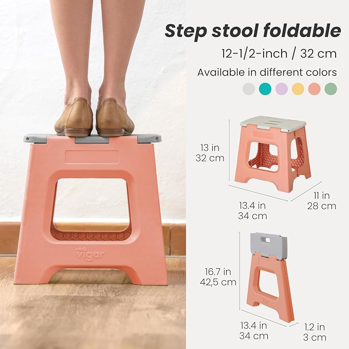 Vigar Compact Folding Step Stool, 12-1/2 in, Orange | 12-1/2 in Foldable Stool, Lightweight Portable Design, Handle, Non Slip Surface, Space-Saving, Supports up to 330 lb - Image 2