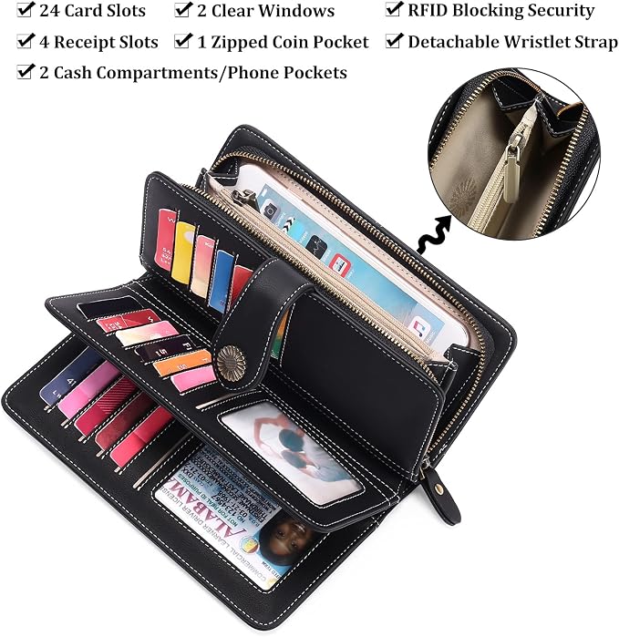 Wallets for Women Trifold Wristlet Wallets Large Capacity RFID Blocking Ladies Purse Credit Card Holder - Image 3