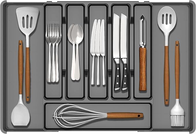 Silverware Drawer Organizer, Expandable Utensil Tray for Kitchen Drawers, BPA Free Flatware and Cutlery Holder, Adjustable Plastic Storage for Utensil like Spoons, Forks, Knives.Black by Baosia