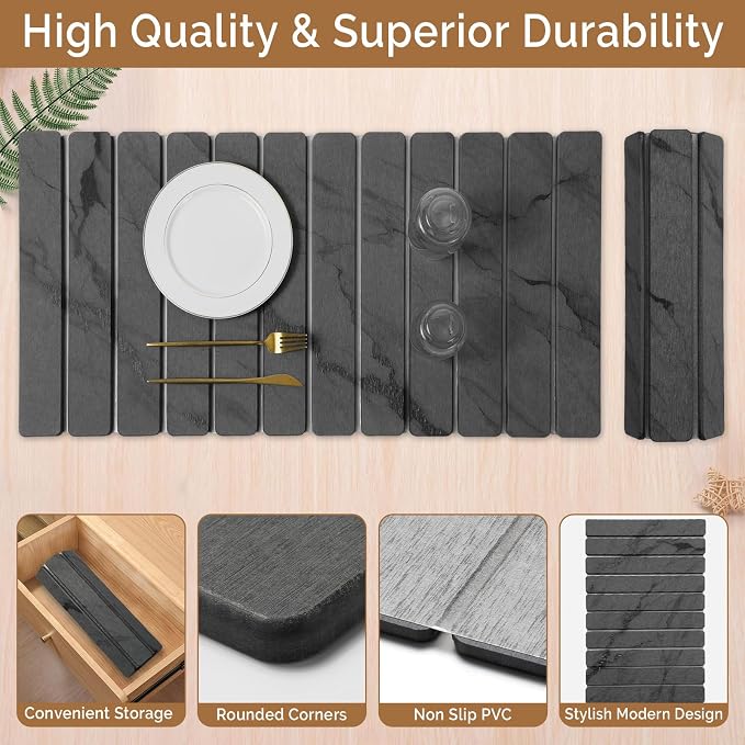 Extra Large Stone Dish Drying Mat for Kitchen Counter, Quick Dry Stone Dishes Mats, Foldable Water Absorbing Diatomaceous Drying Pad for Countertop Bottles Utensils Cups Bathroom(Dark Gray 32"×16"） - Image 4