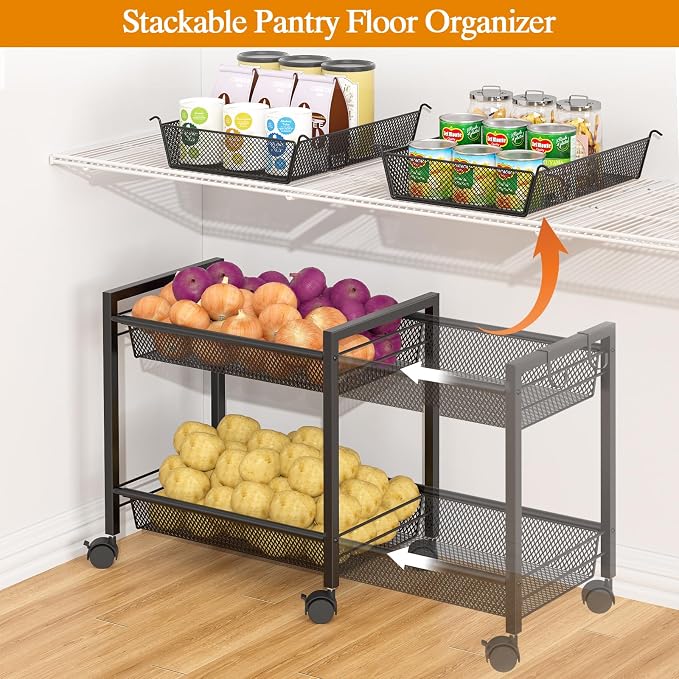 3IngSeagulls 2-Tier Expandable Rolling Pantry Floor Organizer, Stackable Pantry Storage Cart with Wheels, Kitchen Fruit and Vegetable Storage Rack for Onion, Potato, Food, Snacks - Image 5