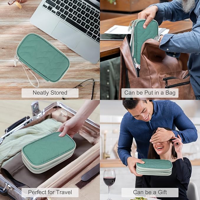 FYY Electronic Organizer, Travel Tech Pouch, Cable Organizer Green Quilted | Wrist Strap, Waterproof, Double Layers Portable Electronics Travel Carrying Case for Cord, Charger, Daily Business Trips Use - Image 7
