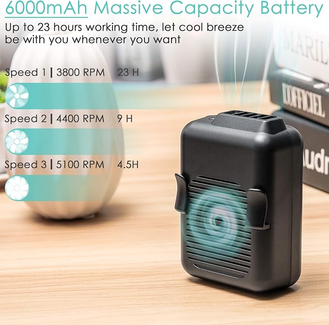 Portable Mini Waist Fan Clip on Belt, 6000mAh Rechargeable Battery Powered Wearable Body Fan With Max 23H Working Time, 3 Speeds, 5100RPM Strong Airflow for Jobsite Farm Fishing Gardening Camping - Image 3