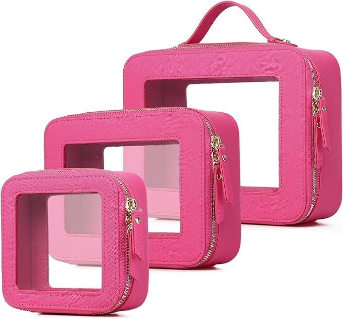 Pinkmik Clear Makeup Bag, (Fuxia, L+M+MINI) | Waterproof, Travel Case for Cosmetics and Toiletries, Women's Purse Organizer, Clear Car Bag with Zipper by Pinkmik
