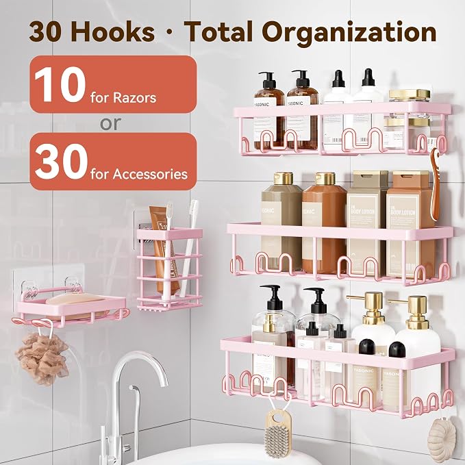 Shower Caddy Adhesive, Rustproof Shower Organizer, Wall Shower Rack | Large Capacity Shower Shelves for Inside Shower, Shampoo Shower Holder, Pink, 3 Caddies, 1 Soap Dish, 1 Toothbrush Holder - Image 3