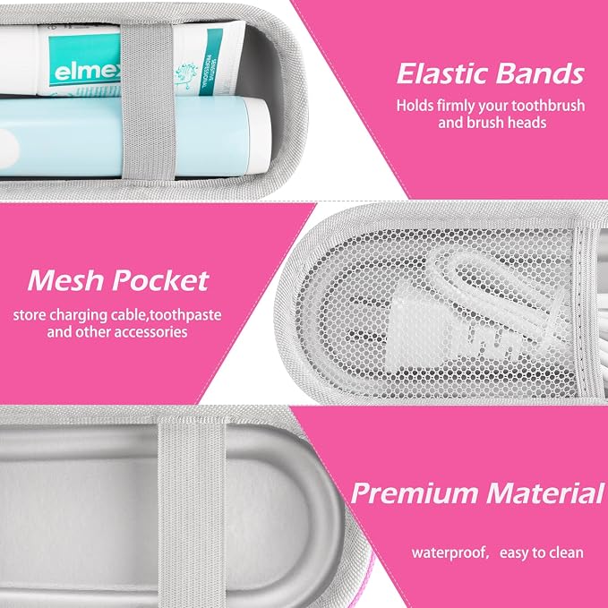 Toothbrush Travel Case for Oral B/Oral-B Pro 1000 1500 5000 7000 & Philips Sonicare 4100 1100 5300 5100 6100/iO Electric Toothbrush, Hard Protective Storage Bag (Pink) - Image 3