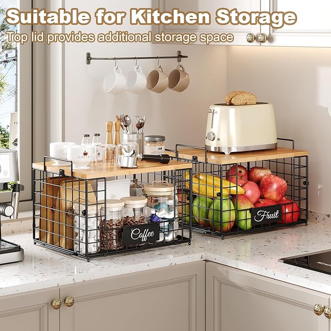2 PACK XXL Potato and Onion Storage Bins, Pantry Organizers and Storage | Stackable Wire Baskets with Wooden Tops & Tags, Kitchen Counter Organizers Bins for Potato, Onion, Fruit, Vegetable, Garlic - Image 5
