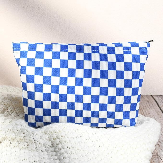 SOIDRAM 2 Pcs Checkered Makeup Bag Large Cosmetic Bag Toiletry Bag Makeup Pouch Travel Bag Organizer Cute Makeup Brushes Aesthetic Accessories Storage Bag for Women Royal Blue - Image 5