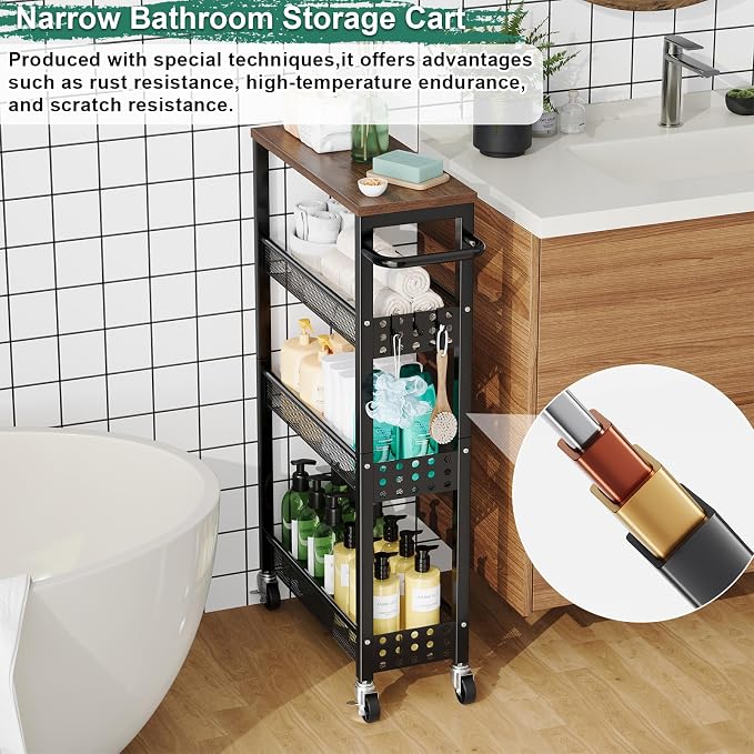 Laundry Room Slim Rolling Cart with Wheels for Between Washer and Dryer Gap | Utility Slim Storage Cart with Table Top, Small Laundry Organizers and Storage Shelves, Thin Shelf for Narrow Spaces, 4 Tier - Image 5