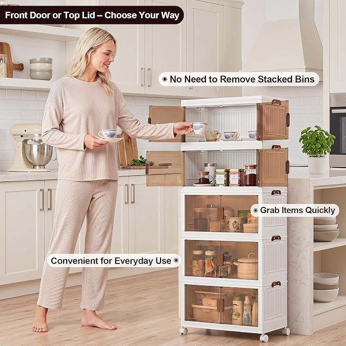 120QT Stackable Storage Bins With Lids, Collapsible Plastic Storage Bins with Wheels and Doors, Foldable Plastic Cabinets for Bedroom Dorm Garage Office Kitchen, 5 Pack - Image 4