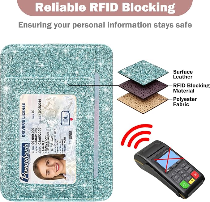 HOTCOOL Card Holder Wallet Front Pocket Minimalist Travel Cute Funny Thin Leather With RFID Blocking Small Credit Card Holder Wallet for Men & Women Girls Organizer Gifts, Glitter Blue - Image 5