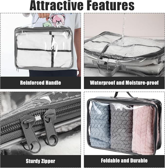 6 Pieces Large Clear Travel Packing Cube Clear Vinyl Zippered Storage Bags See Through Moving Bag PVC Multipurpose Pouch with Handle for Suitcase Shirts Dress Storage (Gray, 15.8 x 10.2 x 3.9 Inch) - Image 3
