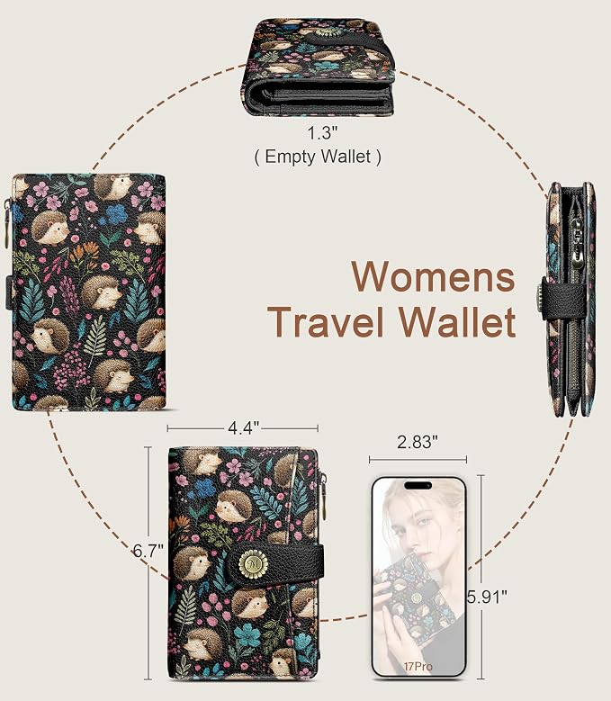Hedgehog Wallet Women RFID Cute Passport Holder Credit Card Holder | 6.7" x 4.4" x 1.3" Bifold, Travel billfold, Zipper Pocket, PU Leather, Clutch, Purse, ID Window, Pen Holder, Gift Ladies Girl - Image 5