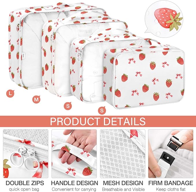 KPX 8 Set Packing Cubes for Travel, Luggage Packing Organizers Accessories Large Toiletries Bag for Clothes Shoes Cosmetics (Strawberry+Butterfly) - Image 3