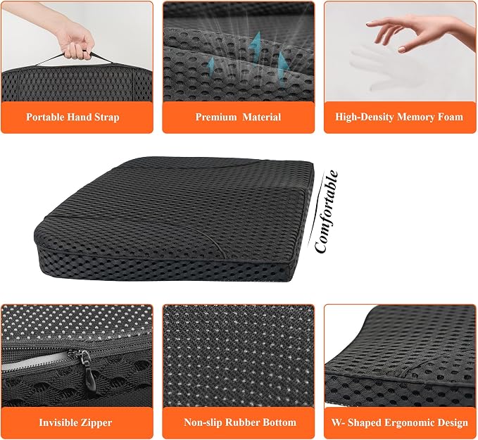 kingphenix Memory Foam Car Seat Cushion for Driving Comfort and Office Use | Coccyx and Lower Back Pressure Relief, Non-Slip Seat Cushion for Car, Truck, SUV, Long Drives and Office Chair, 4D Mesh Black - Image 5