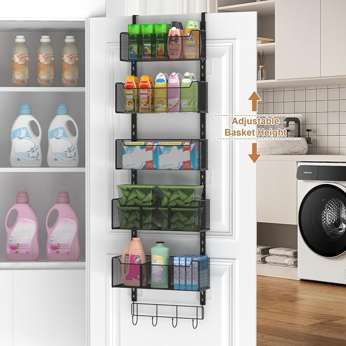 VyGrow Over The Door Organizer, Metal Door Organizer Hanging with 5 Adjustable Baskets and Coat Hook, Behind The Door Storage for Bedroom Closet Bathroom Pantry Cabinet Kitchen, Black - Image 2