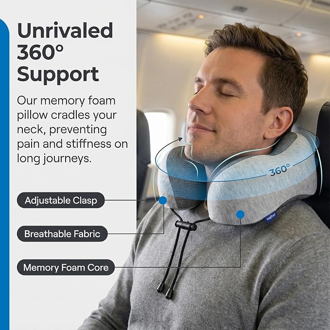 Memory Foam Travel Neck Pillow for Airplane, Adjustable Neck Pillow for Traveling with Removable Washable Cover, Ergonomic Head & Chin Support, Includes Sleep Mask, Earplugs & Travel Bag - Image 4
