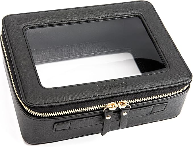 Aveniee Clear Makeup Bag Organizer, Portable Travel Toiletry Cosmetic Bag Case for Women, Heavy Duty Clear Pouch with zipper with Transparent Vinyl Windows & Gold Zippers(Black) by Aveniee