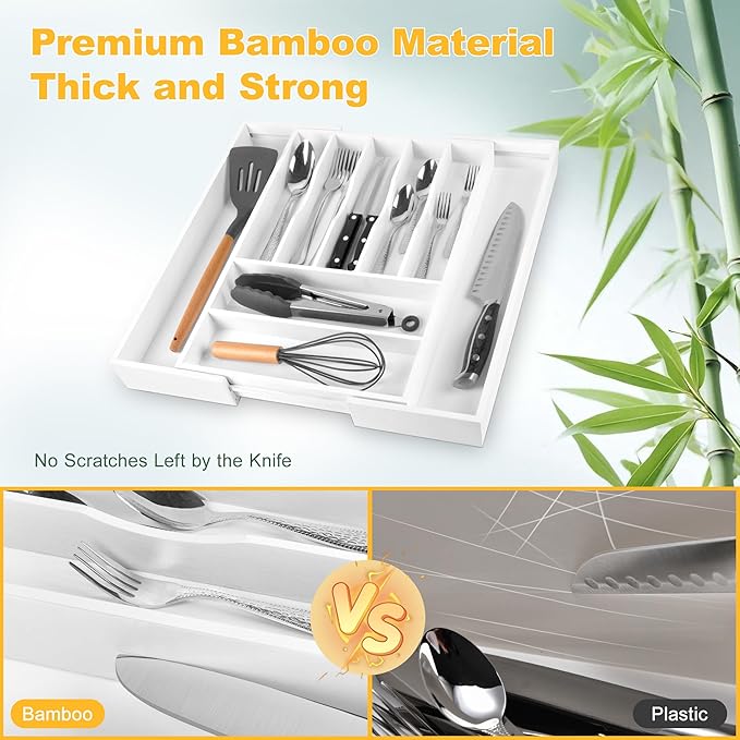 Large Premium Bamboo Silverware Organizer - Expandable Drawer Organizer & Utensil Organizer - 17"x19.7" Cutlery Tray with Dividers for Kitchen Utensils and Flatware (7-9 Slots) (White) - Image 5