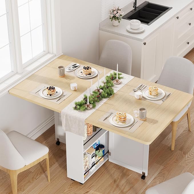 Garvee Folding Dining Table with Storage, Folding Kitchen Table with 6 Wheels, Drawer & Shelves, Compact Dining Table for Small Spaces by Garvee