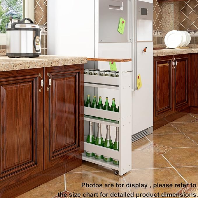TEAMIX Slim Rolling Storage Cart, Wood 4-Tier Narrow Kitchen/Laundry Cart | 5.5"W Thin Cabinet with Wheels and Handle, Use as Spice Rack Next to Fridge, Laundry Room Organization Between Washer & Dryer - Image 2