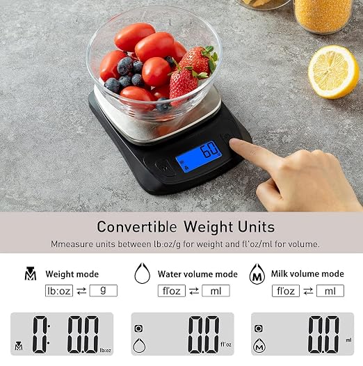 Kitchen Scales Digital Food Scale Cooking in Grams & Ounces Black | Stainless Steel, Max 11lb 1g Increment, Backlit LCD Screen, Baking Food Weight Scale for Sourdough Bread, Include Battery - Image 3