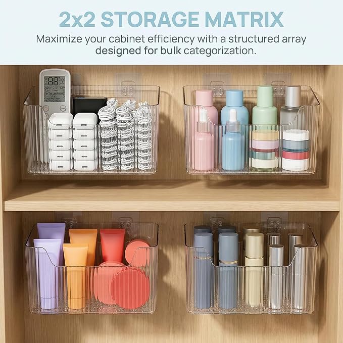 2 Pack Cabinet Door Organizer, Clear Storage Caddy, Adhesive Wall Mounted Organizer Bins, with Self Adhesive Tape, for Bathroom, Kitchen, Cabinet, Living Room - Image 3