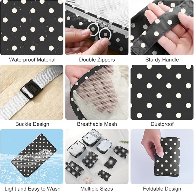 Packing Cubes for Travel - 8 Set Luggage Organizer Bags for Family, Mesh Breathable Packing Cubes for Suitcases Durable Travel Essentials Bags Set (White Polka Dots) - Image 6