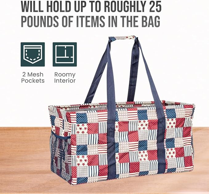 Extra Large Utility Tote Bag - Oversized Collapsible Reusable Wire Frame Rectangular Canvas Basket With Two Exterior Pockets For Beach, Pool, Laundry, Car Trunk, Storage - Patriotic Americana - Image 5