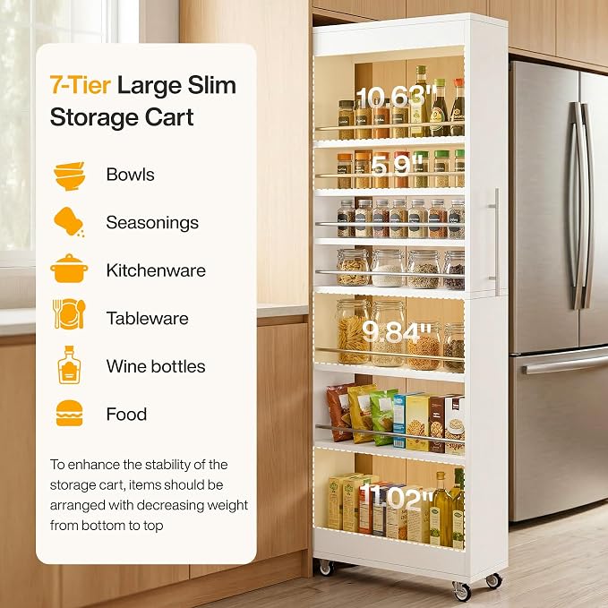Tribesigns 73" Tall Slim Storage Cart on Rubber Wheels, 7-Tier Narrow Pantry Cabinet, Rolling Skinny Spice Rack Organizer Next to Fridge, Wooden Pull-Out Storage Shelf for Kitchen Small Spaces, White - Image 7