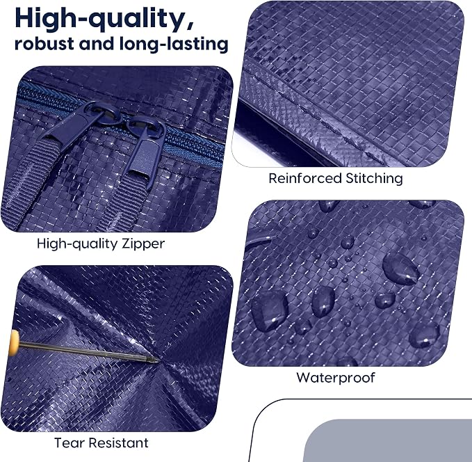 6 Pack Moving Bags Heavy Duty 210GSM with Full-Open Side Zipper, 93L 220lbs Waterproof Foldable Storage Totes for College Dorm Move-In, Moving Boxes Alternative & Home Organization, Blue - Image 5
