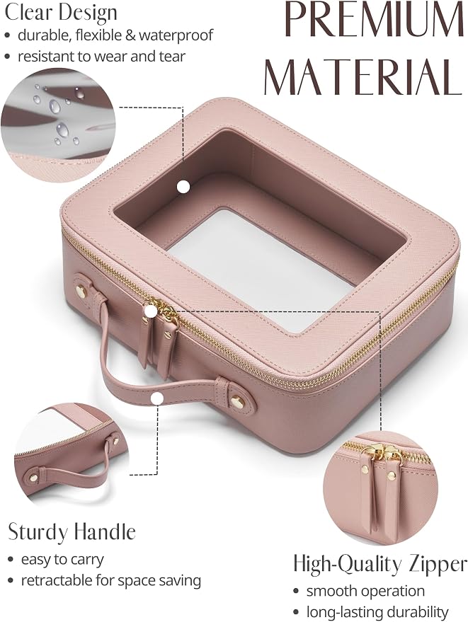Clear Makeup Case Set Pink Toiletry Bag Travel Large Clear Cosmetic Bag with Zipper, Big Make Up Bag Organizer Women Traveling TSA Approved Transparent Bag Car for Essentials | Structured Mahjong Tile Bag with Zipper and Handle, Big Long-trip Cosmetic ... - Image 2