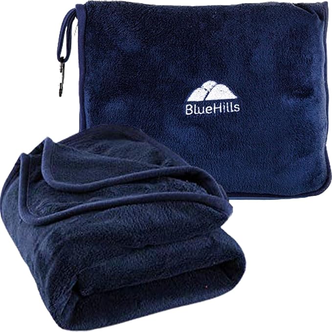 BlueHills Premium Soft Long Travel Blanket Pillow Airplane - Navy Blue | 70 X 48 Long Travel Blanket/Pillow, Luggage Belt & Carabiner, Tall Compact & Packable, Large Airplane Traveling Essentials by BlueHills