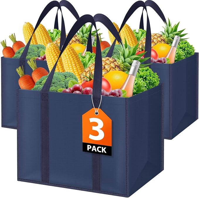 WISELIFE Reusable Grocery Bags, Foldable, Lasting Use, 35L, 3 Pack, Blue | Large Shopping Bags with Reinforced Stitching, Water-Resistant Grocery Totes for Kitchen, Market, Car Trunk, Picnic by WiseLife