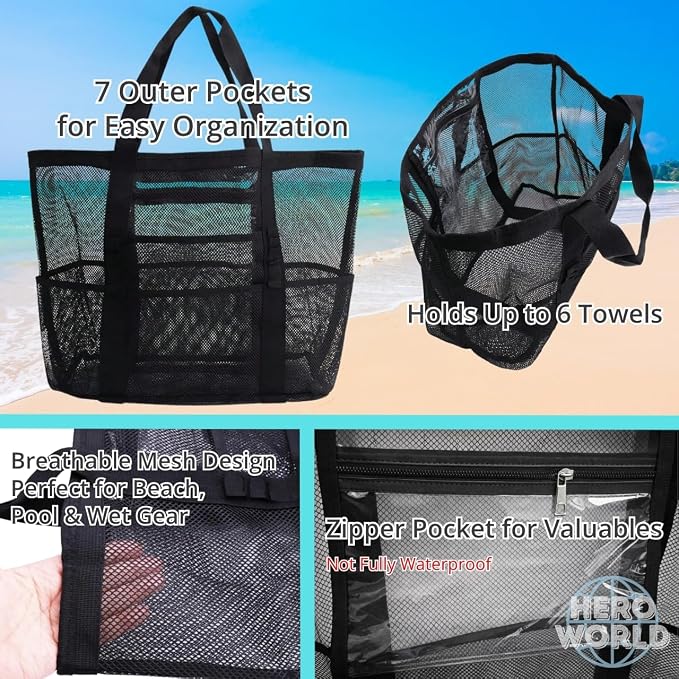 Mesh Beach Tote Bag Large Capacity Pool Gym Laundry Tote Foldable with Pockets Lightweight Travel Bag - Image 3
