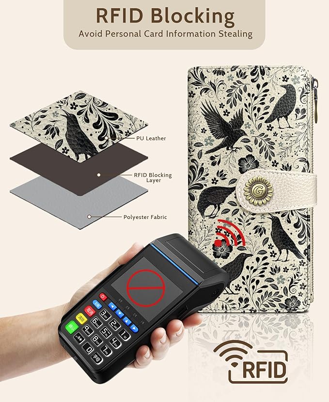 GIANCOMICS Crow Womens Wallet RFID Blocking, Goth Credit Card Holder Bifold | Billfold, Cute Cash Purse, Travel Zipper Coin Pocket, Compact Clutch, PU Leather, ID Window, 11 Card Slots, Ladies Gift Woman - Image 4
