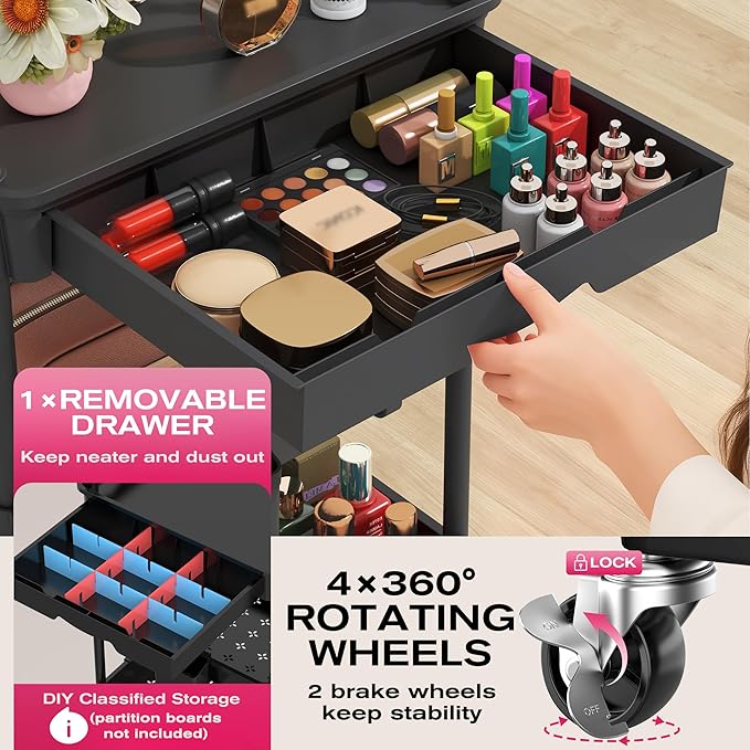 Goovilla Rolling Makeup Organizer Cart with Removable Drawer, 3 Tier Black | Stable Floor Skincare Storage Cart for Vanity, Cosmetic Display, Nail Polish, Perfume, Hair Stuff, Beauty, Bathroom(Plastic) - Image 3